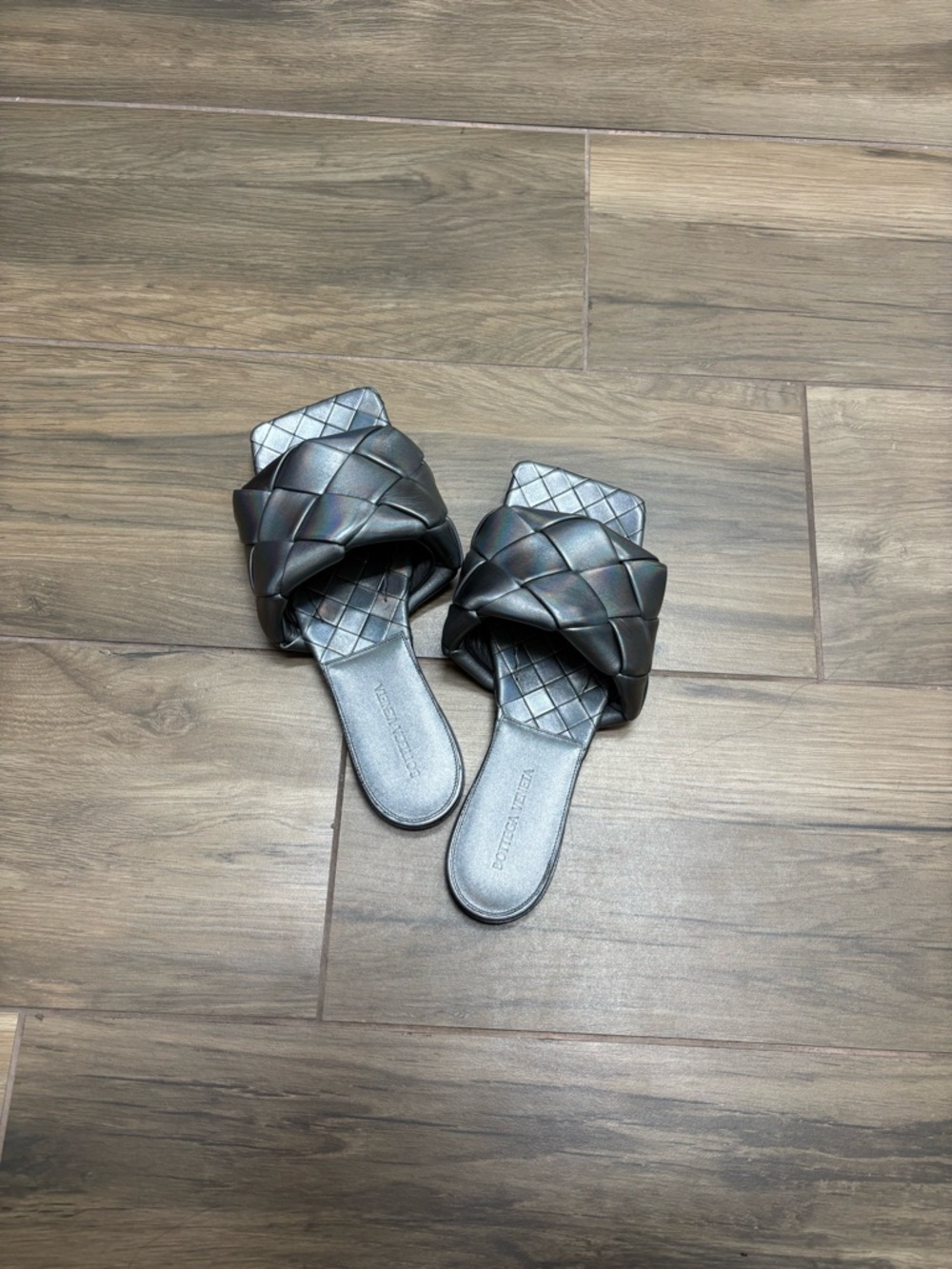 Bottega Veneta Metallic Black Woven Slide Mules